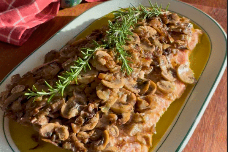 Festive salmon with caramelised onions and mushrooms